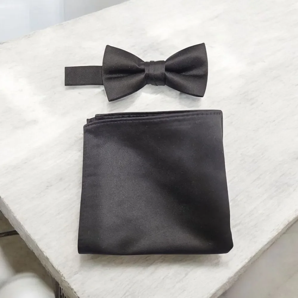 BOYS LARR BRIO SATIN BLACK BOW TIE AND POCKET SQUARE SET.